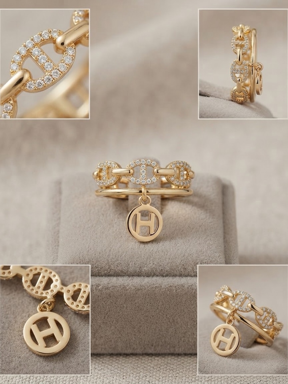 Hermès Inspired Pavé Crystal Chain Chain Ring with Medallion Charm | Gold